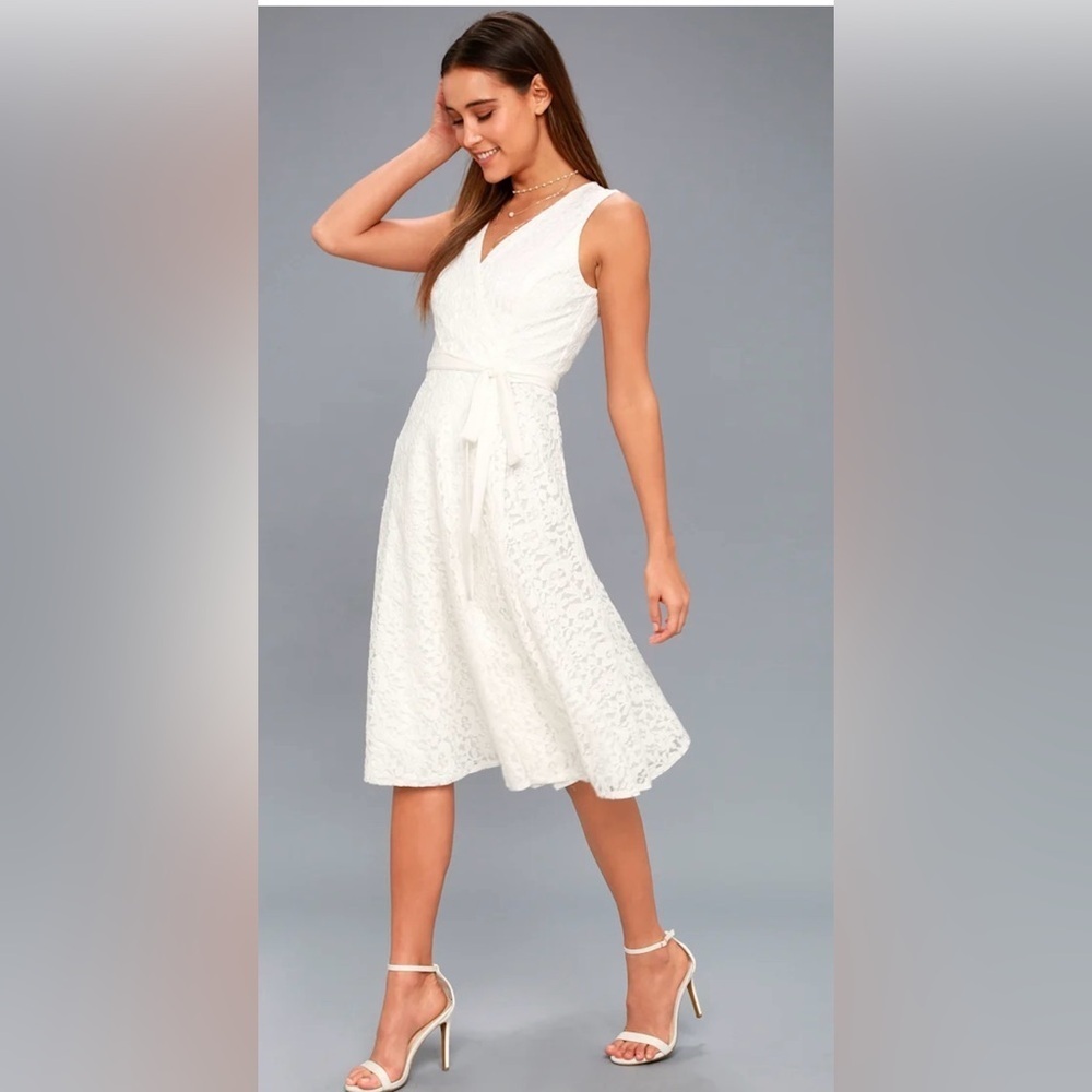 Siana White Lace Wrap Midi Dress
Lulus